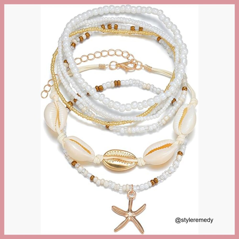 Gold Plated Adjustable Anklet With Shell Beads, B… - image 1